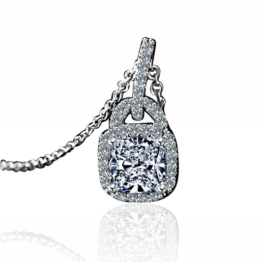 1 CT. Intensely Radiant Cushion Square Diamond Veneer Cubic Zirconia Double Bail Halo Sterling Silver Pendant. 635P25368