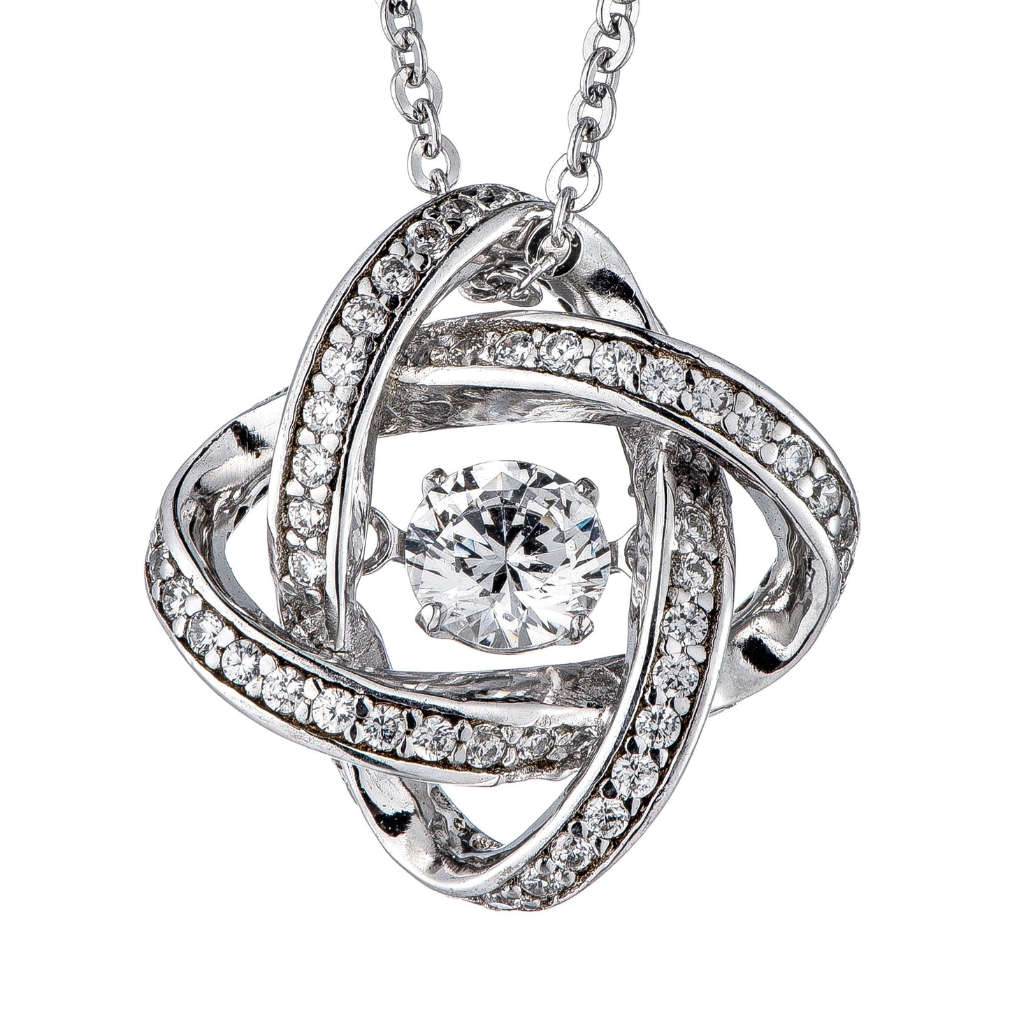The Dancing Diamond Veneer Sterling Silver Pendant 635P216 by DiamondVeneer Fashion features an intricate, intertwined design with rows of sparkling cubic zirconia and a central round stone, reminiscent of a dancing diamond, on a delicate chain.
