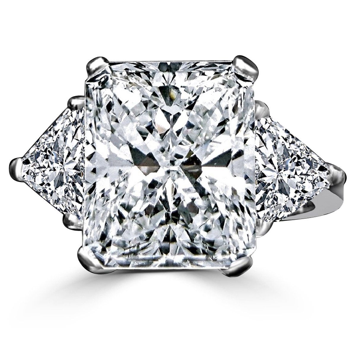 The DiamondVeneer Fashion 10CT Diamond Veneer Cubic Zirconia Three Stone 14K Gold Ring showcases a radiant-cut center stone with two triangular side stones, echoing the brilliance of high-end designs.