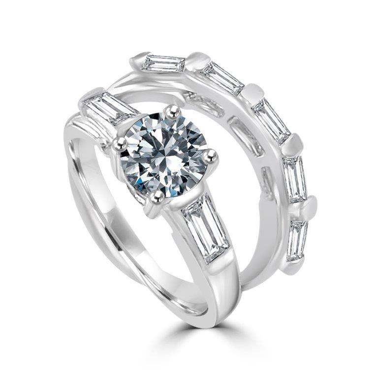 The DiamondVeneer Fashion 1CT Round Cubic Zirconia Engagement Ring Set (635R32110) features a round center stone with rectangular accents in a classic three-stone design, paired with a matching band set with rectangular stones. Final sale.