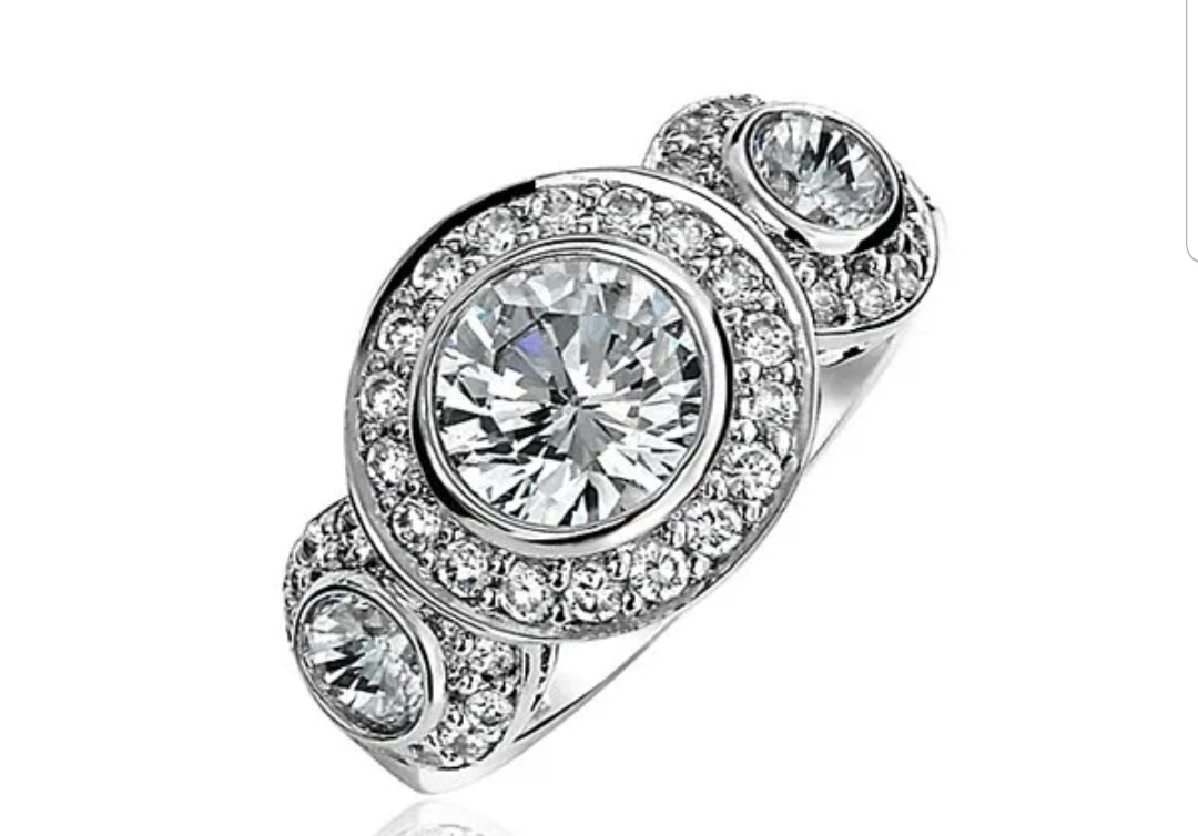 2CT round cubic zirconia three-stone milgrain ring, sterling silver - front view