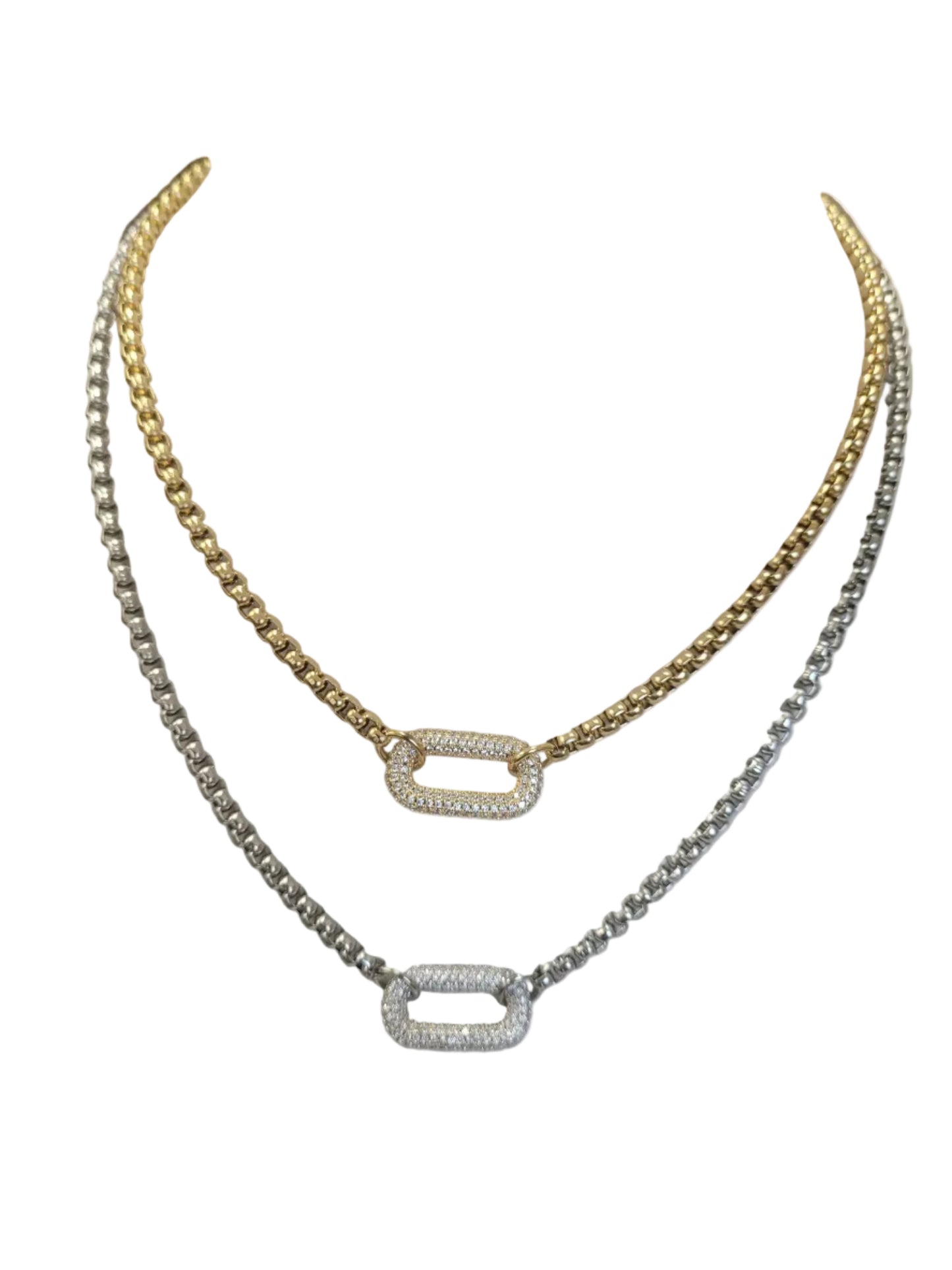 Two necklaces from Zirconmania Fashion Jewelry are displayed: each is a Heavy chain zirconite center pendant necklace in gold or silver, featuring a rectangular pavé pendant with rounded edges on an elegant wheat-style chain.