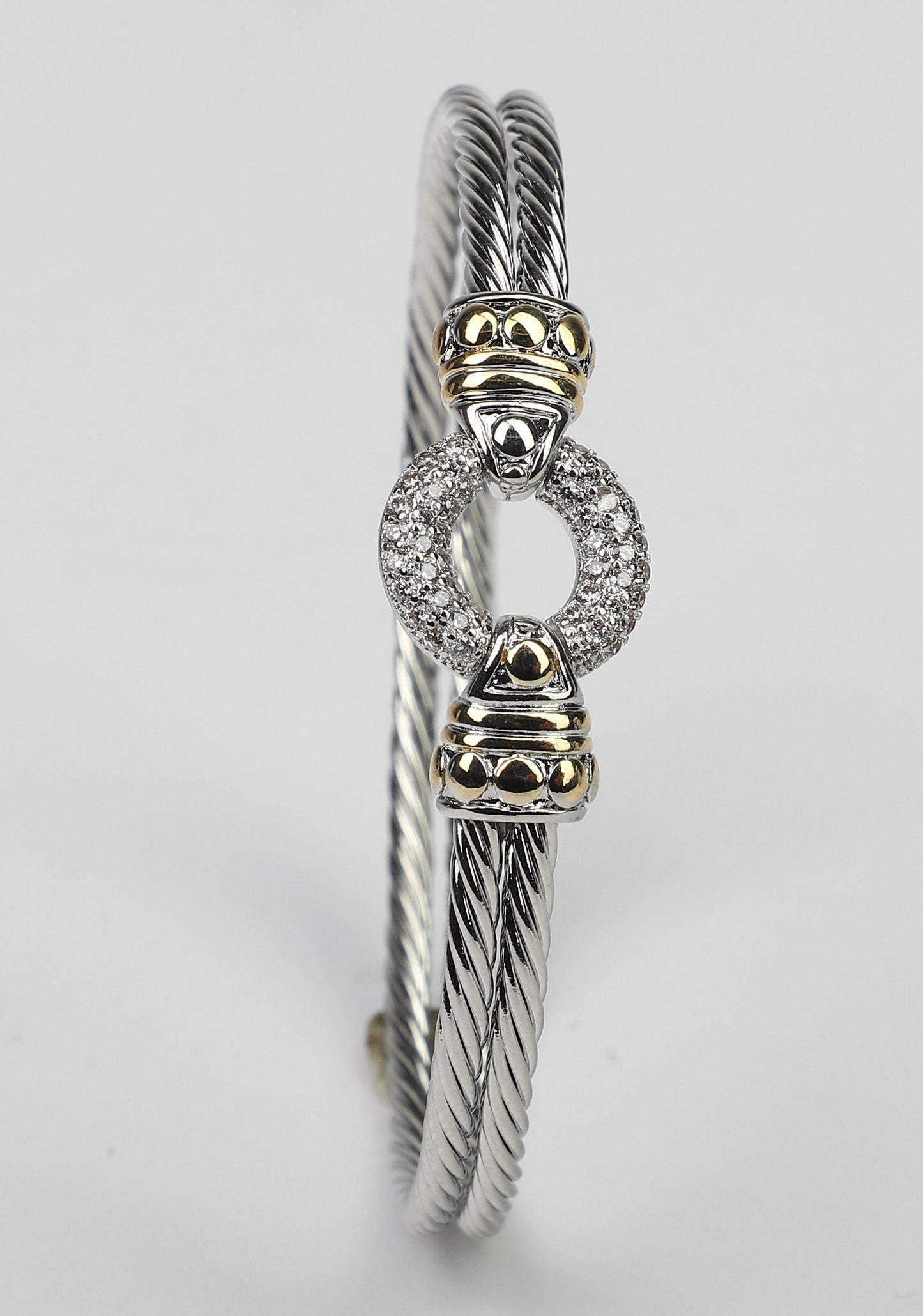 Circle Zirconite Cubic zirconia Pave cable 2-tone Bangle Bracelet. 500B3961