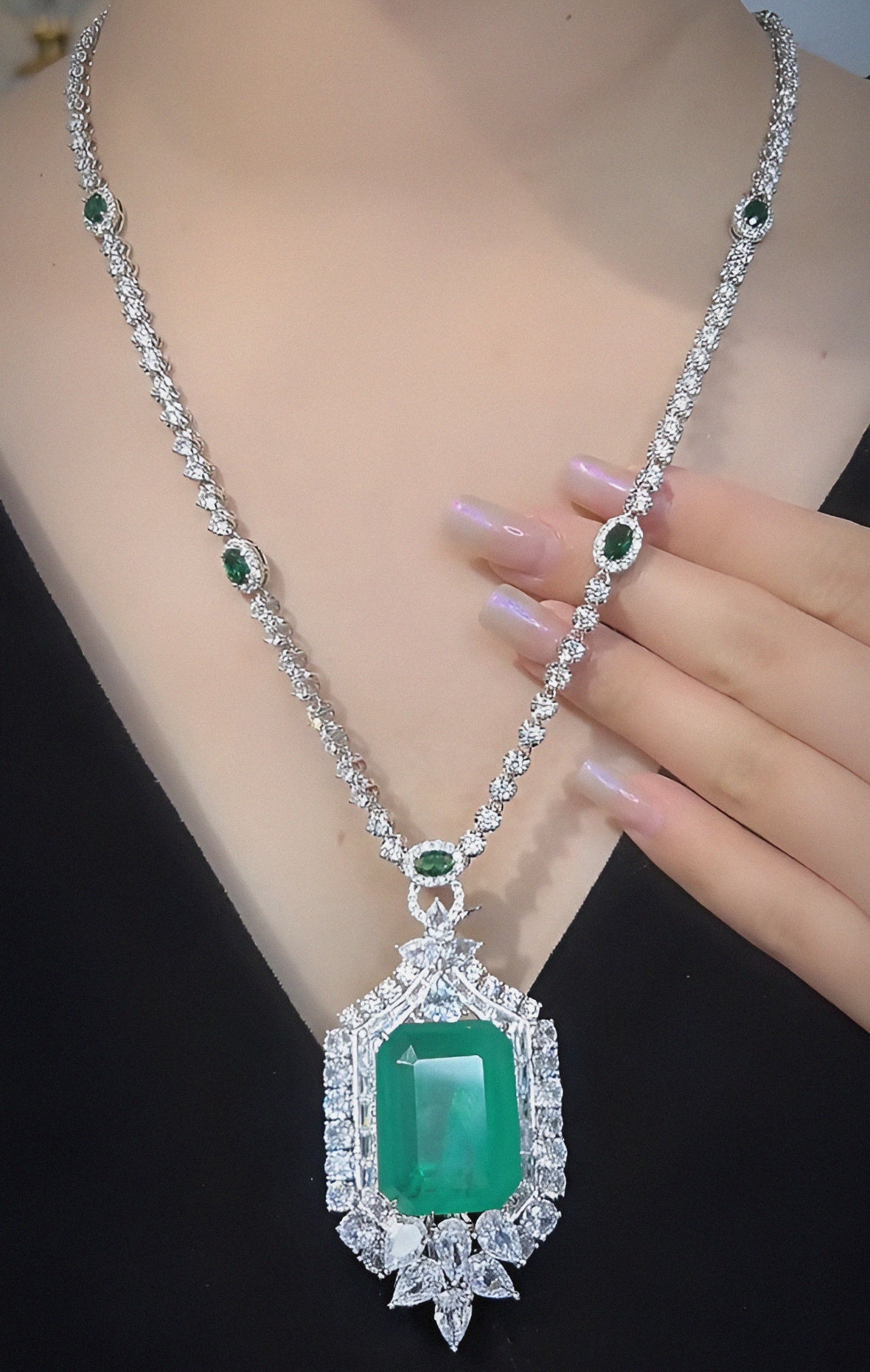 Emerald green cubic zirconia luxury necklace by Zirconite, alternate view, 840N104E
