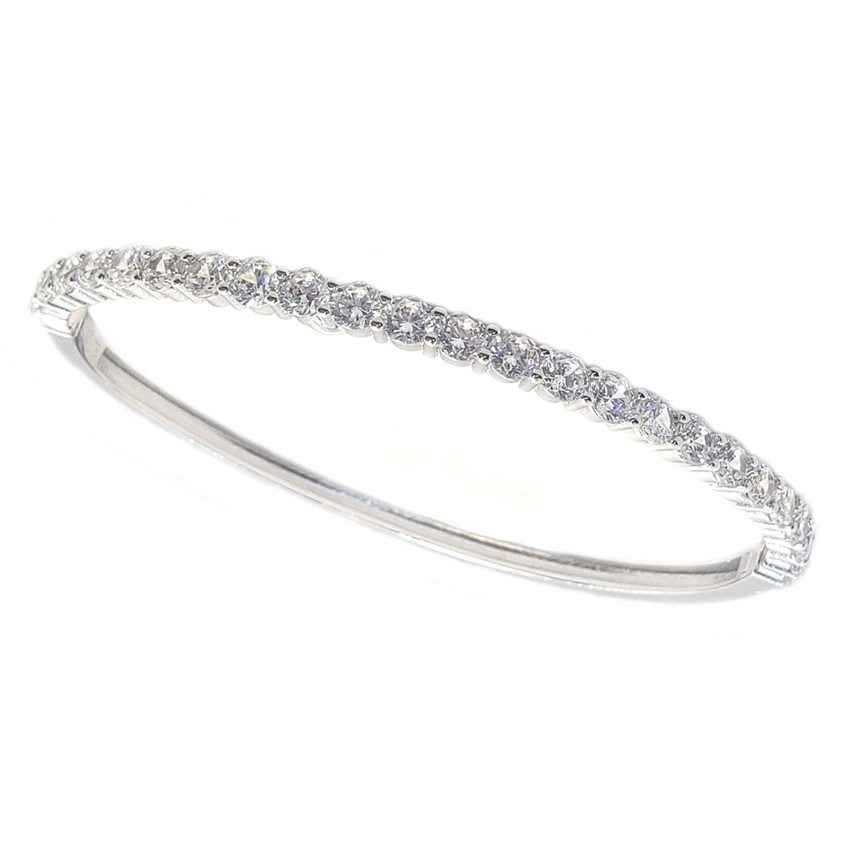 The DiamondVeneer Fashion 4mm Hinged Zirconite Cubic Zirconia Line Rhodium Bangle Bracelet (698B005) features a slim, elegant design with sparkling white stones set in a row, photographed on a plain white background.