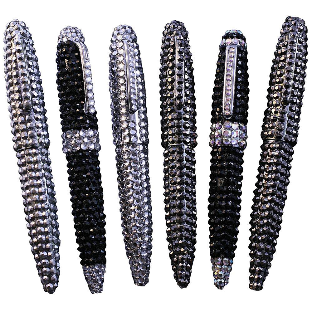 Six DiamondVeneer Fashion Jeweled Pens, adorned with alternating black and silver rhinestones, stand upright in a neat row against a white background.