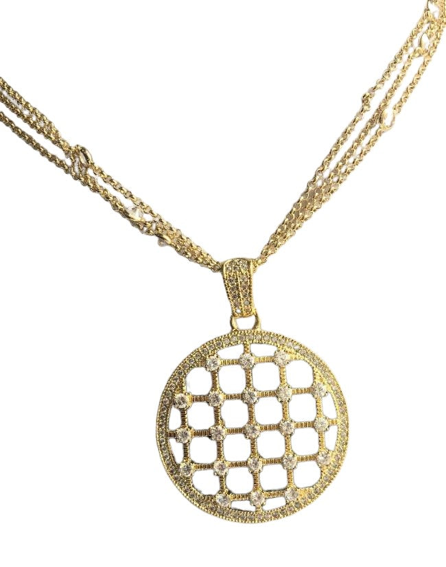 Zirconite Cubic Zirconia set Round Check A-Board design Medallion w/Onyx insert Pendant. 501N152