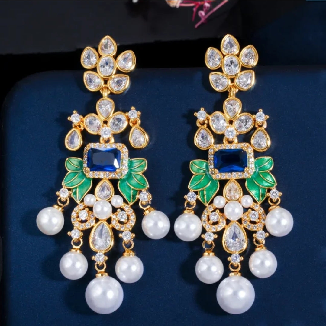 Whimsical pearl droplet chandelier earrings by Zirconite, alternate view, 826E0375