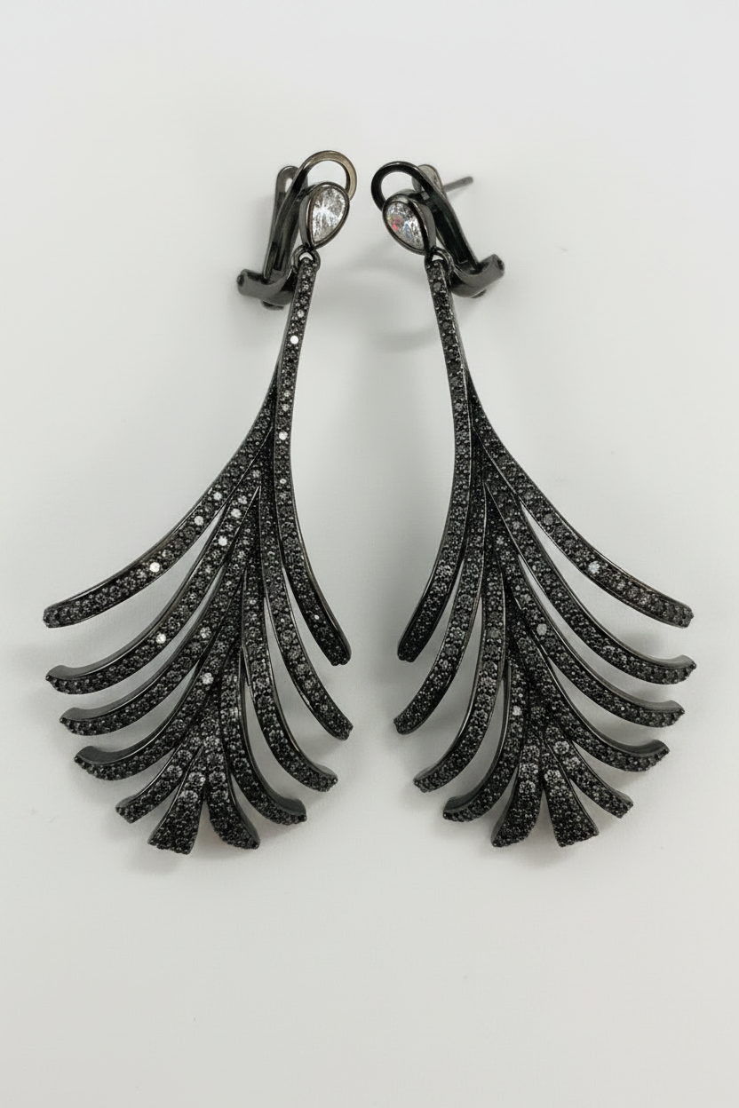 Zirconmania cascading fan chandeliers earrings in black rhodium finish with Zirconite cubic zirconia pave stones