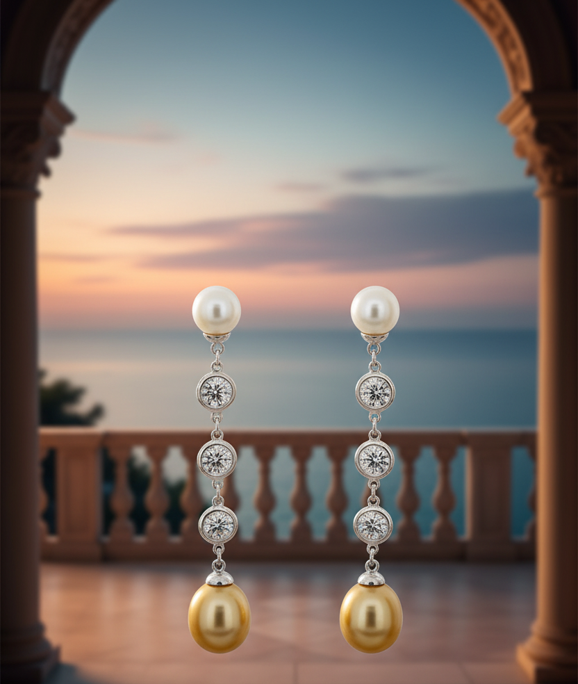 Long Vertical CZ Sterling Silver Pearl Drop Earrings Zirconite 509E2047