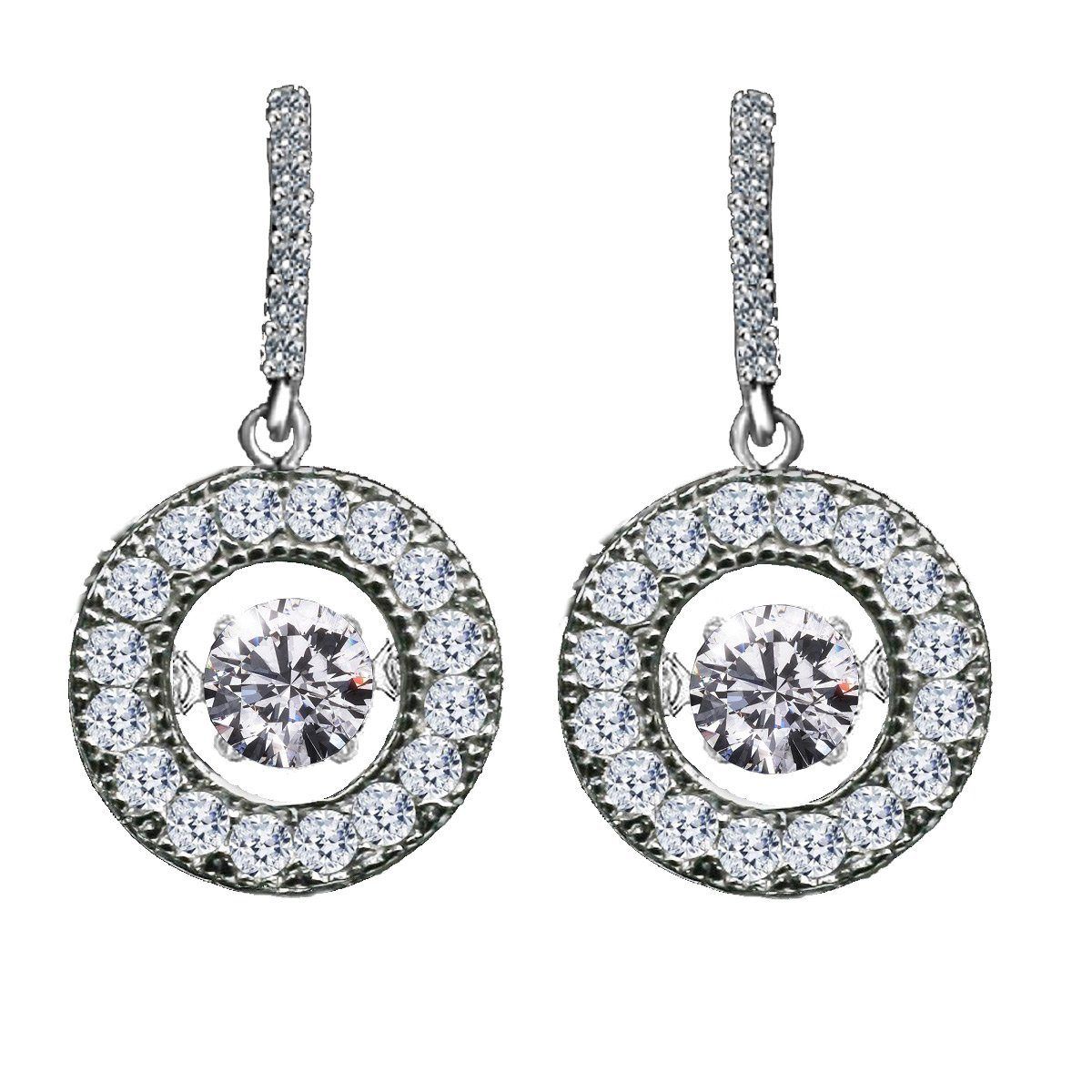 DiamondVeneer Fashions Dancing Diamond Veneer Cubic Zirconia Earrings (635E217) are silver drop earrings with a circular design, featuring a large central clear stone encircled by smaller clear gemstones.