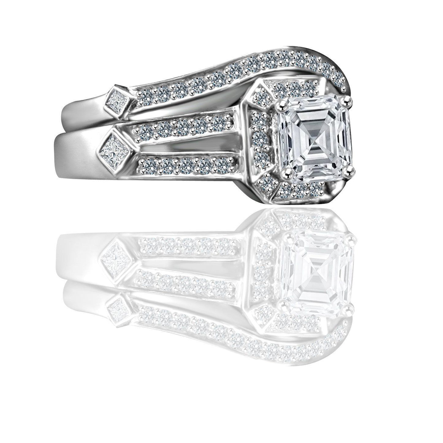 1 CT. Intensely Radiant Square Diamond Veneer Cubic Zirconia Wedding/Engagement Set Sterling Silver Ring. 635R71637 | Yaacov Hassidim