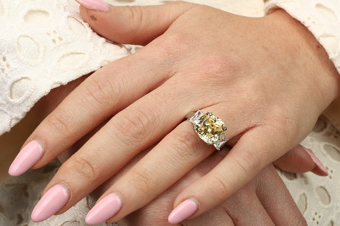 10 CT Asscher-cut cubic zirconia three-stone ring in sterling silver, canary yellow stone worn on hand, 801R9061