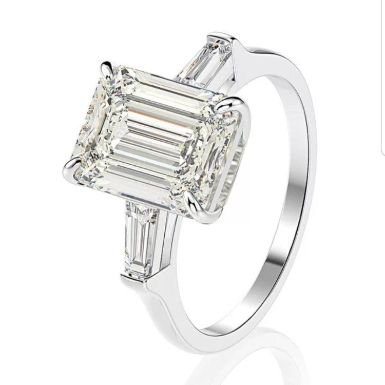Emerald Diamond Veneer Cubic Zirconia Three stone Sterling Silver Ring.635R72005