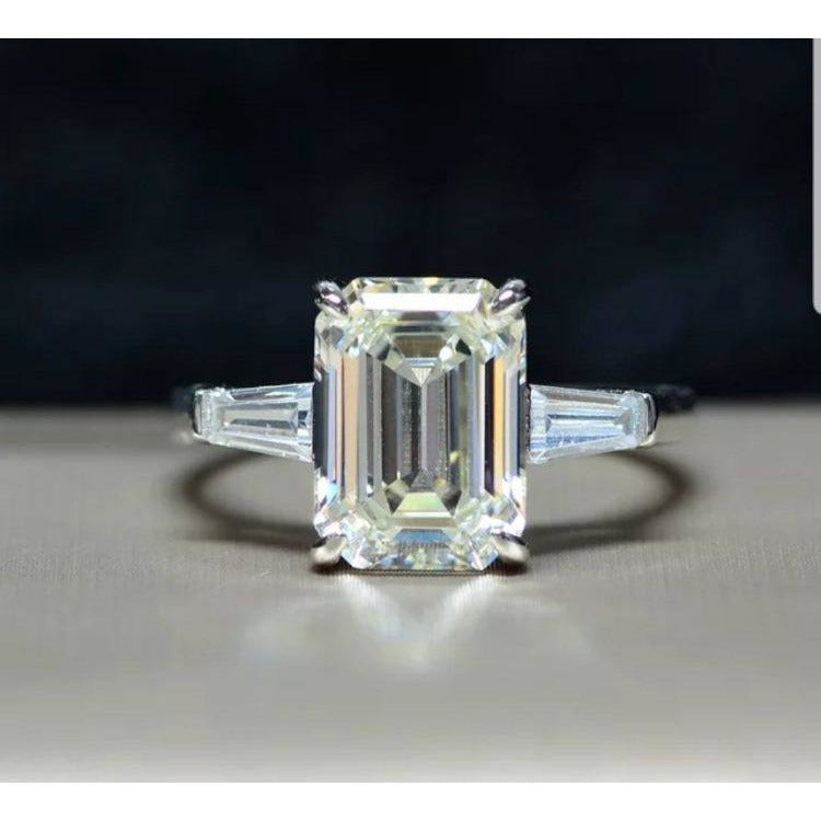 Emerald Diamond Veneer Cubic Zirconia Three stone Sterling Silver Ring.635R72005