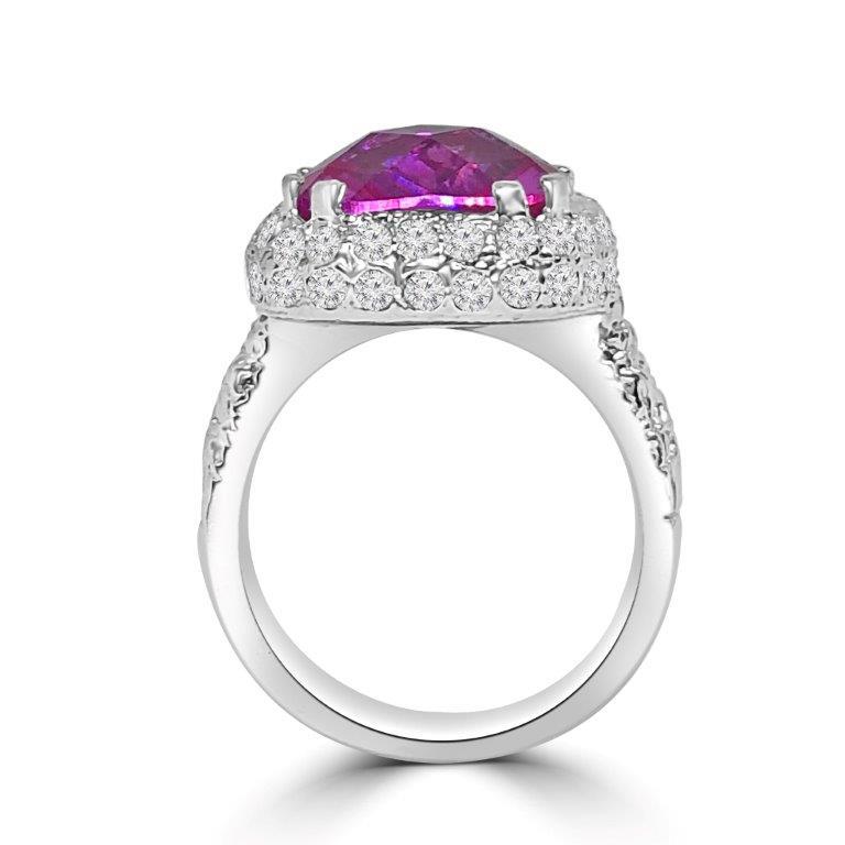 12 CT cushion-cut cubic zirconia halo ring in sterling silver, rose pink stone front view, 582RR109