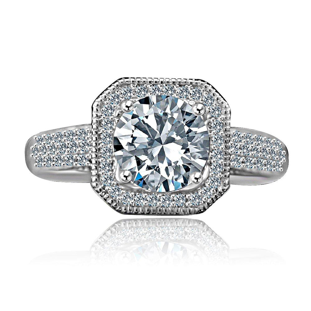 2CT Intensely Radiant Round Diamond Veneer Cubic Zirconia Stunning Micro pave Halo Engagement Fully Pave Upper Shank Sterling Silver Ring2. 635R4002 | Yaacov Hassidim