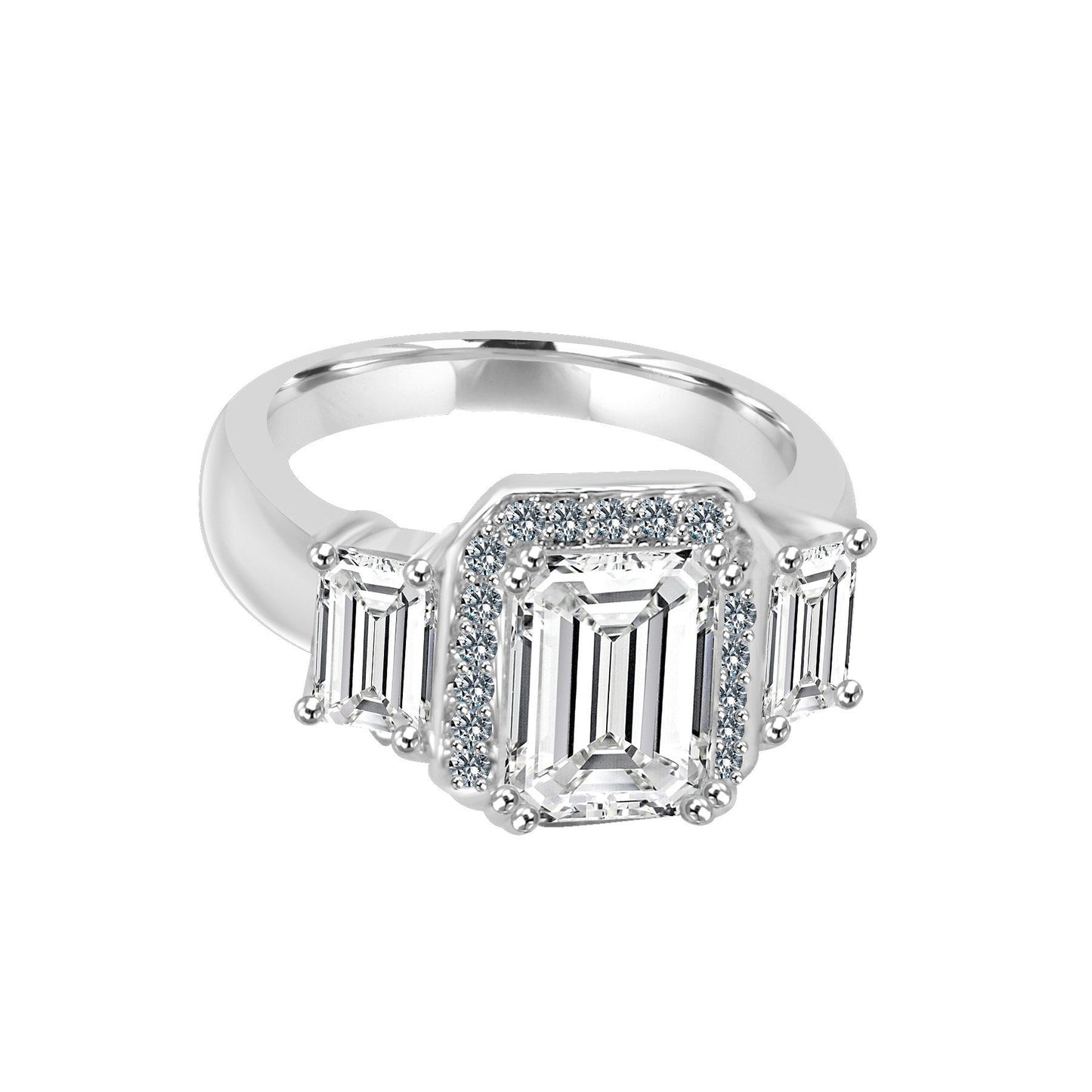 2 CT.(9x7mm) Intensely Radiant Brilliant Emerald Cut Diamond Veneer Cubic Zirconia with Two Side Baguettes (6x4mm) Vintage Style Sterling Silver Ring. 635R72227