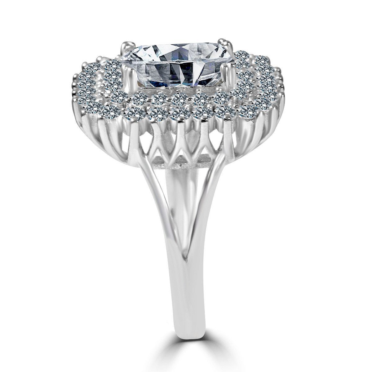 2 CT.(9x7mm) Intensely Radiant Emerald Cut Center Diamond Veneer Cubic Zirconia with Double Halo Pave Sterling Silver Electro-Plate Ring. 635R0247 | Yaacov Hassidim