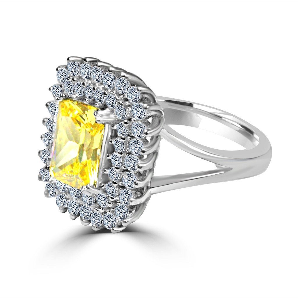 2 CT.(9x7mm) Intensely Radiant Emerald Cut Center Diamond Veneer Cubic Zirconia with Double Halo Pave Sterling Silver Electro-Plate Ring. 635R0247 | Yaacov Hassidim