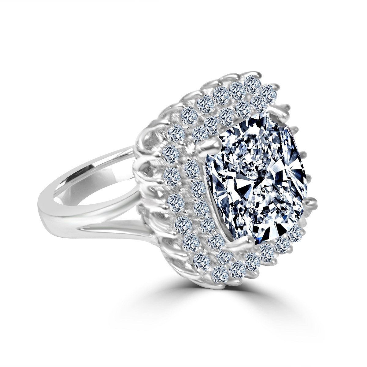 2 CT.(9x7mm) Intensely Radiant Emerald Cut Center Diamond Veneer Cubic Zirconia with Double Halo Pave Sterling Silver Electro-Plate Ring. 635R0247 | Yaacov Hassidim