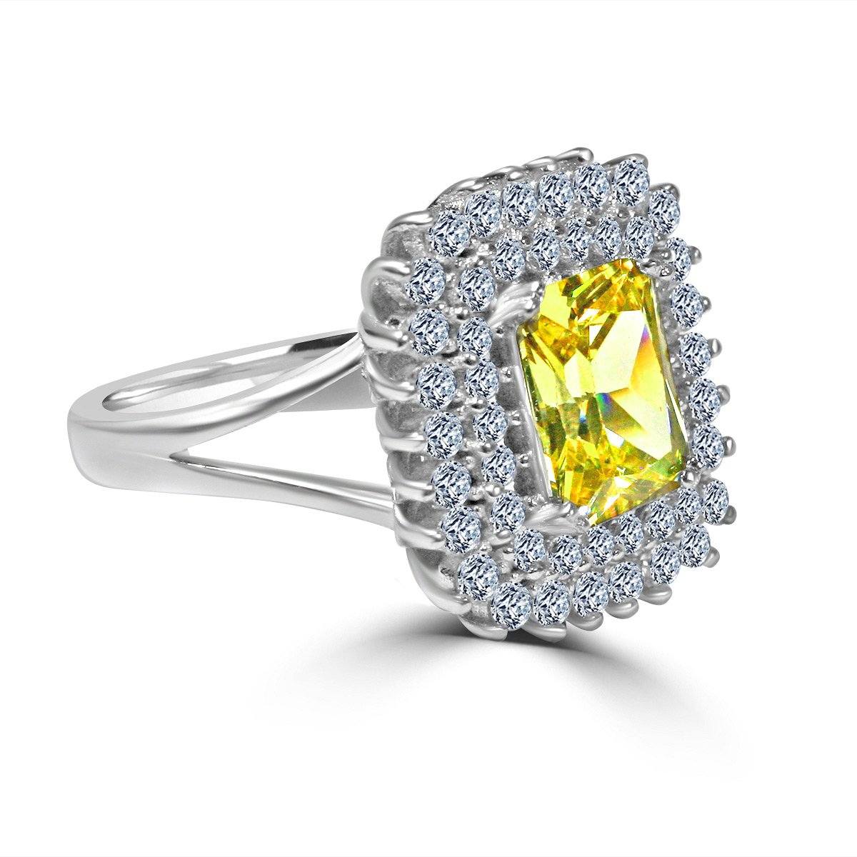 2 CT.(9x7mm) Intensely Radiant Emerald Cut Center Diamond Veneer Cubic Zirconia with Double Halo Pave Sterling Silver Electro-Plate Ring. 635R0247 | Yaacov Hassidim