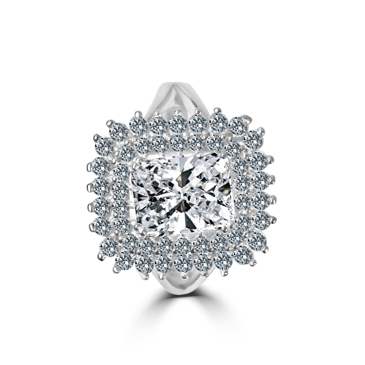 2 CT.(9x7mm) Intensely Radiant Emerald Cut Center Diamond Veneer Cubic Zirconia with Double Halo Pave Sterling Silver Electro-Plate Ring. 635R0247 | Yaacov Hassidim