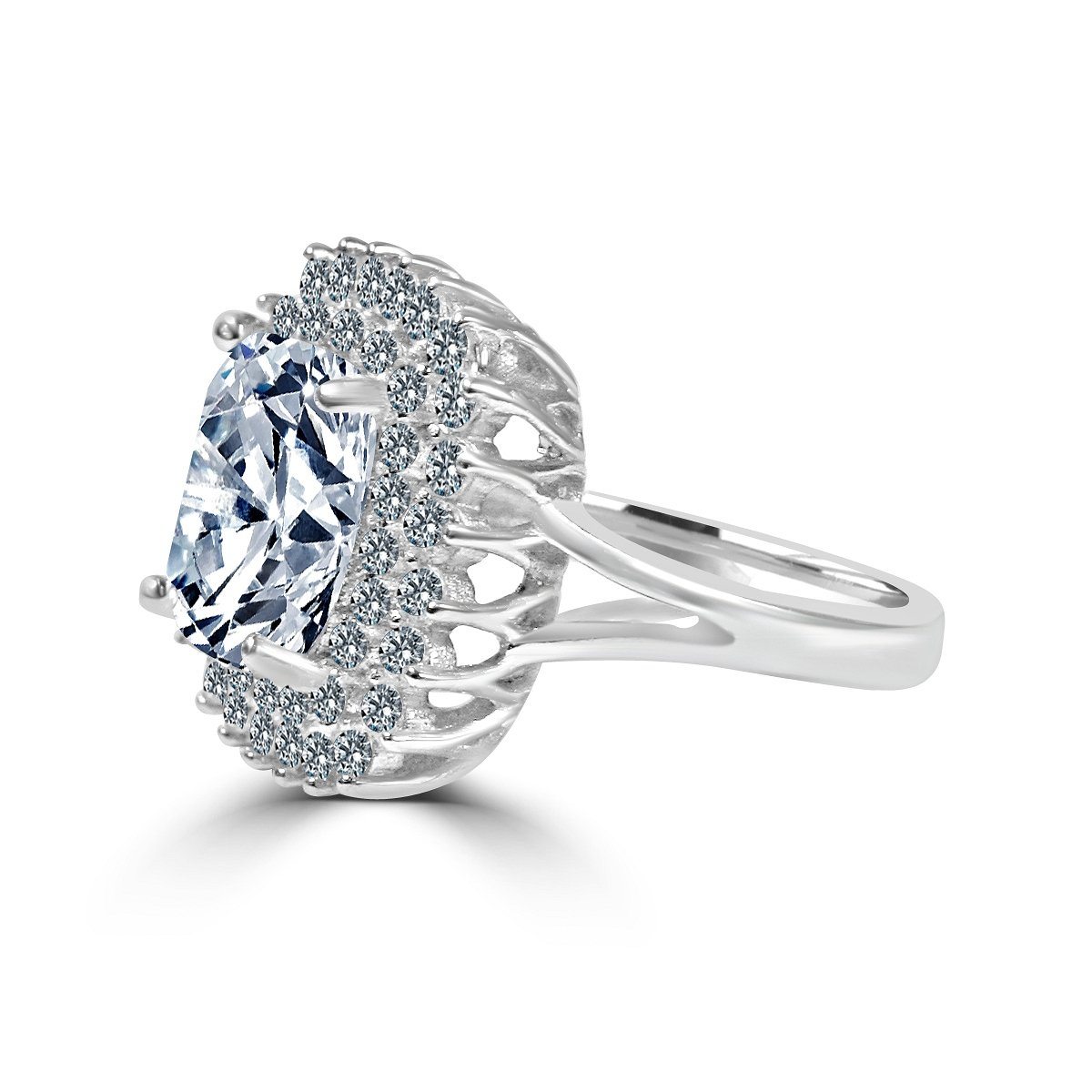 2 CT.(9x7mm) Intensely Radiant Emerald Cut Center Diamond Veneer Cubic Zirconia with Double Halo Pave Sterling Silver Electro-Plate Ring. 635R0247 | Yaacov Hassidim