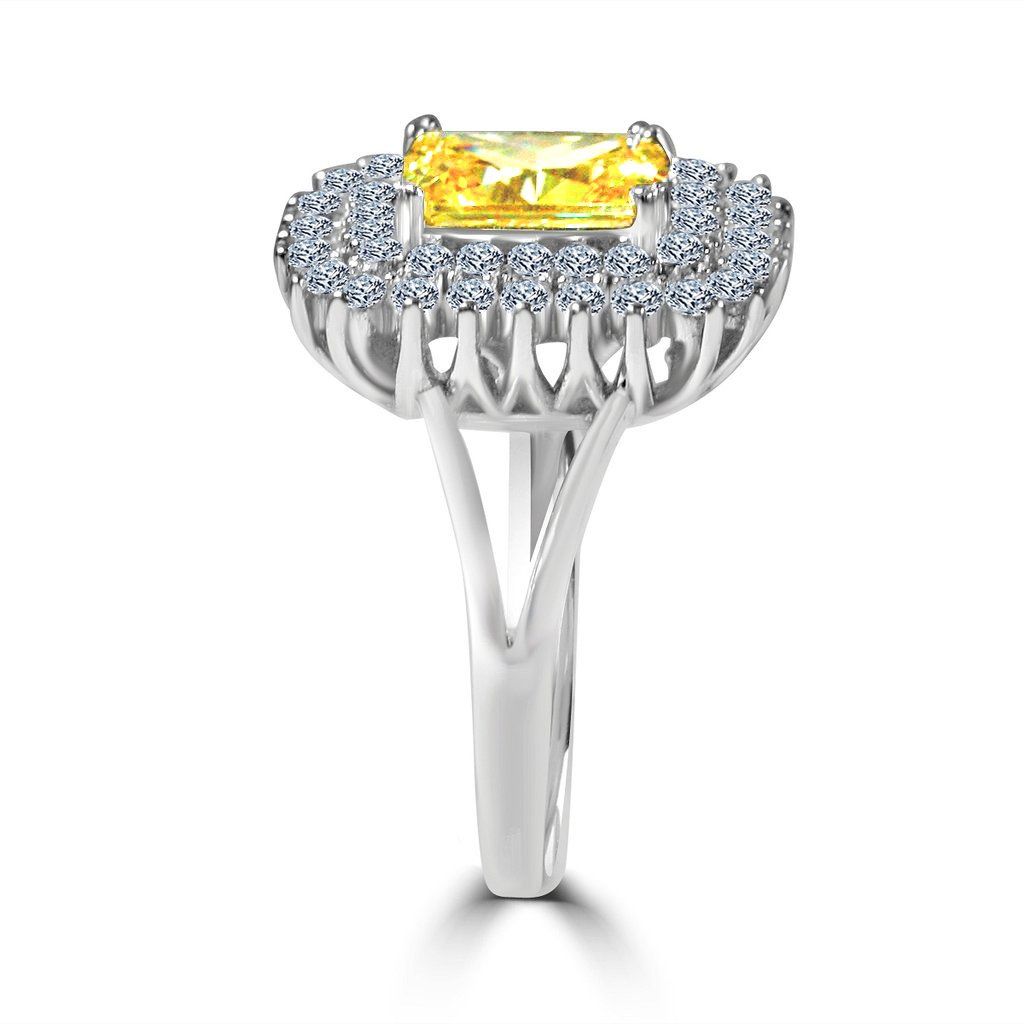 2 CT.(9x7mm) Intensely Radiant Emerald Cut Center Diamond Veneer Cubic Zirconia with Double Halo Pave Sterling Silver Electro-Plate Ring. 635R0247 | Yaacov Hassidim
