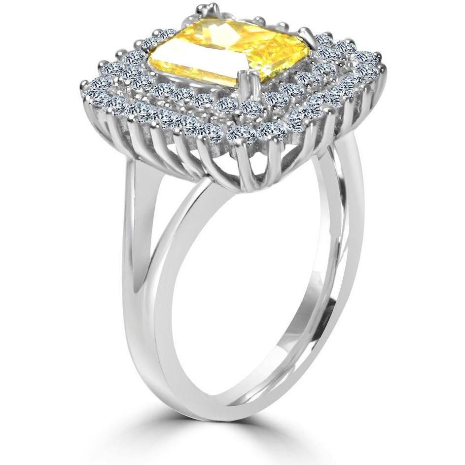 2 CT.(9x7mm) Intensely Radiant Emerald Cut Center Diamond Veneer Cubic Zirconia with Double Halo Pave Sterling Silver Electro-Plate Ring. 635R0247 | Yaacov Hassidim