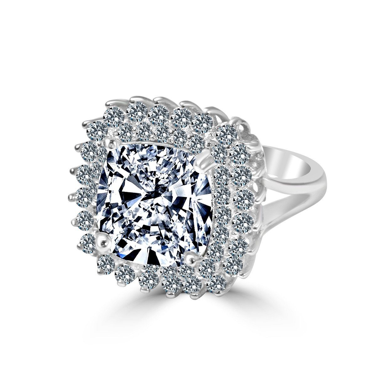 2 CT.(9x7mm) Intensely Radiant Emerald Cut Center Diamond Veneer Cubic Zirconia with Double Halo Pave Sterling Silver Electro-Plate Ring. 635R0247 | Yaacov Hassidim