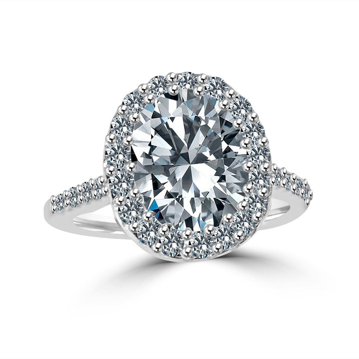 3 CT.(10x8mm) Intensely Radiant Oval Center Diamond Veneer Cubic Zirconia with Halo Pave Set Sterling Silver with Rhodium Electro-Plate Ring. 635R0245 | Yaacov Hassidim
