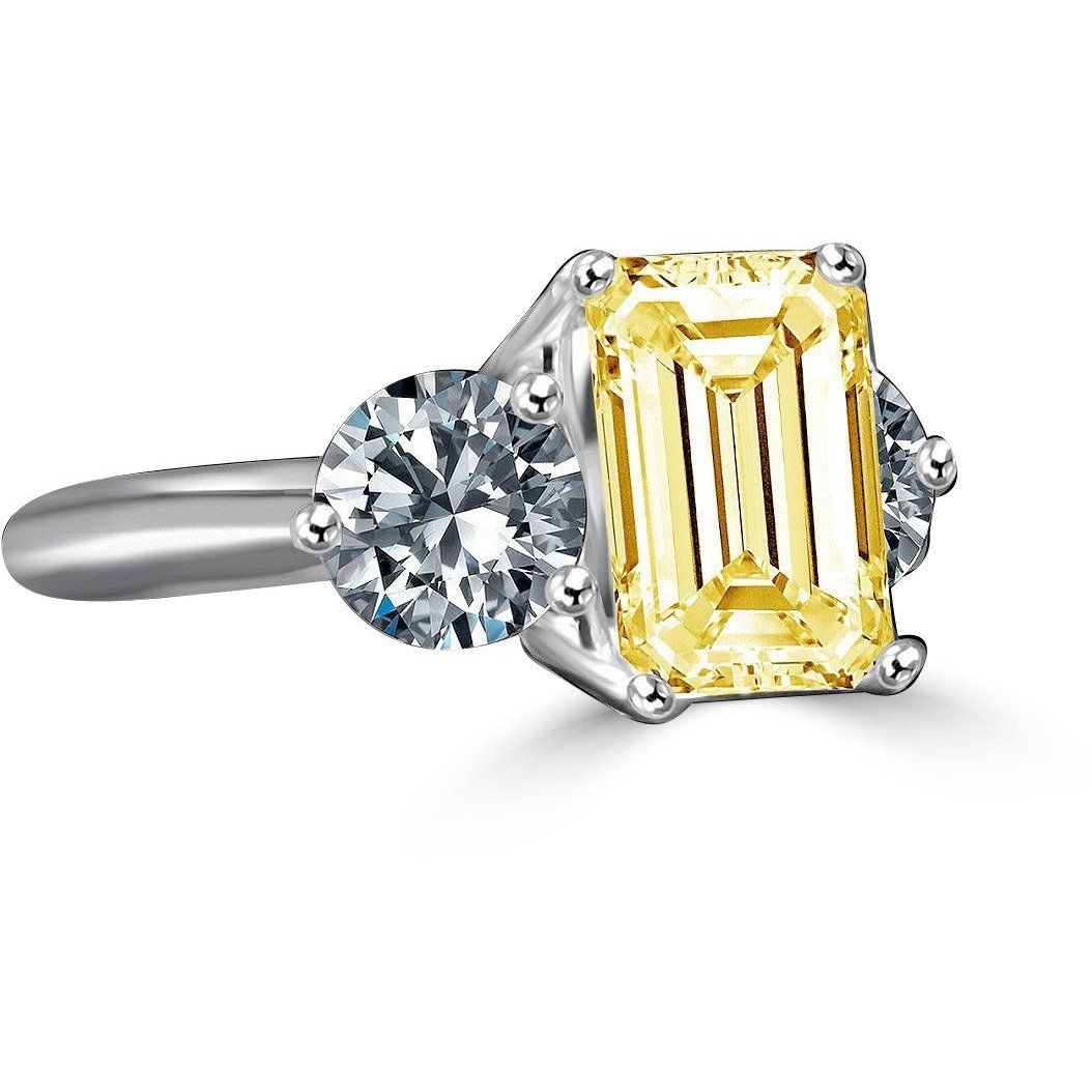 3.5ct Intensely Radiant Emerald Diamond Veneer Cubic Zirconia with 1 CT Round Stone ring engagement wedding ring in sterling silver 635R2118EC | Yaacov Hassidim