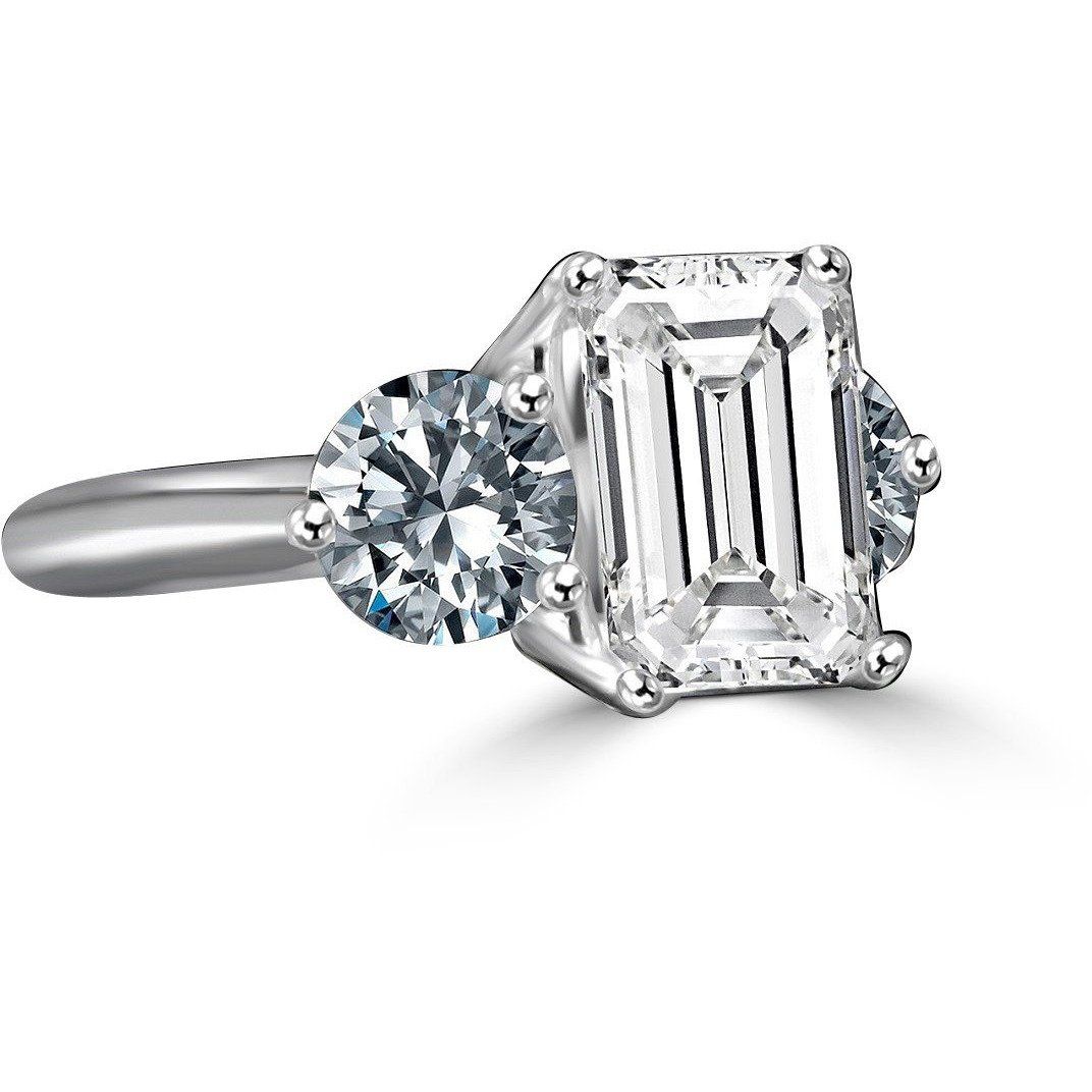 3.5ct Intensely Radiant Emerald Diamond Veneer Cubic Zirconia with 1 CT Round Stone ring engagement wedding ring in sterling silver 635R2118EC | Yaacov Hassidim