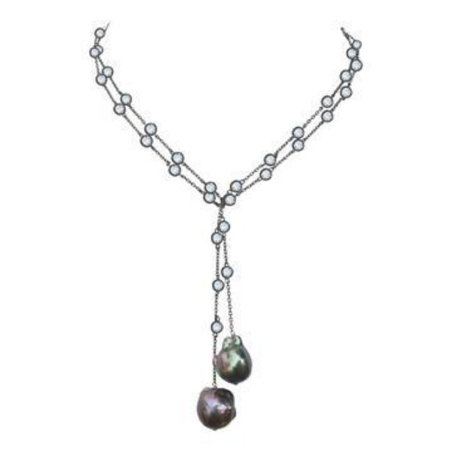 36" Zirconite Cubic Zirconia w/two genuine Baroque Pearls Tassel Necklace, BZBYX30P36