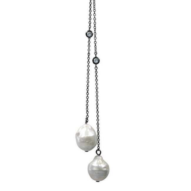 36" Zirconite Cubic Zirconia w/two genuine Baroque Pearls Tassel Necklace, BZBYX30P36