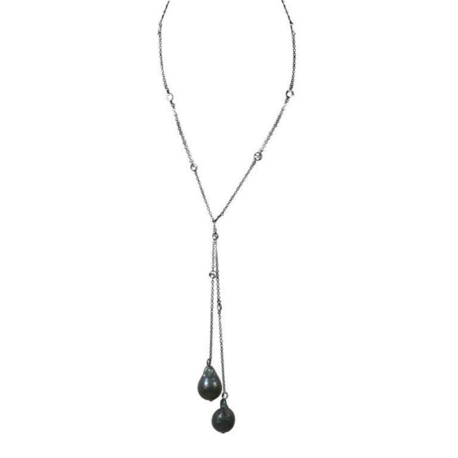 36" Zirconite Cubic Zirconia w/two genuine Baroque Pearls Tassel Necklace, BZBYX30P36
