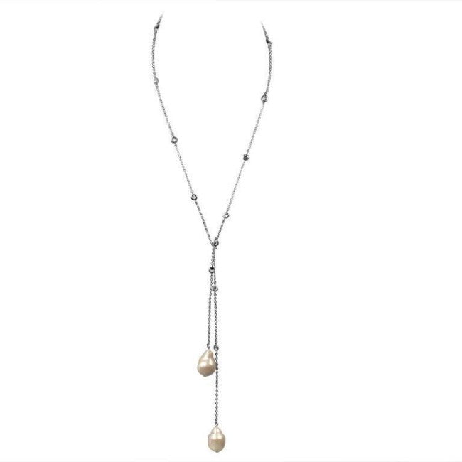 36" Zirconite Cubic Zirconia w/two genuine Baroque Pearls Tassel Necklace, BZBYX30P36