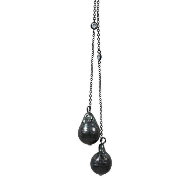 36" Zirconite Cubic Zirconia w/two genuine Baroque Pearls Tassel Necklace, BZBYX30P36