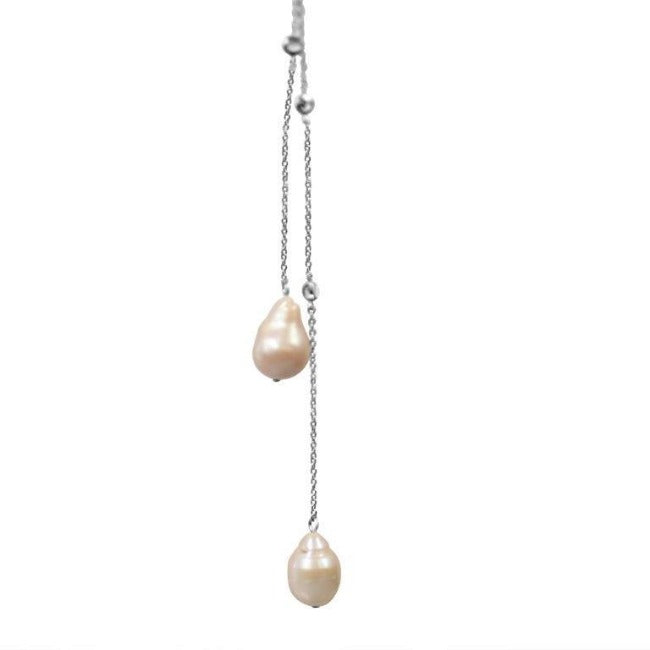 36" Zirconite Cubic Zirconia w/two genuine Baroque Pearls Tassel Necklace, BZBYX30P36