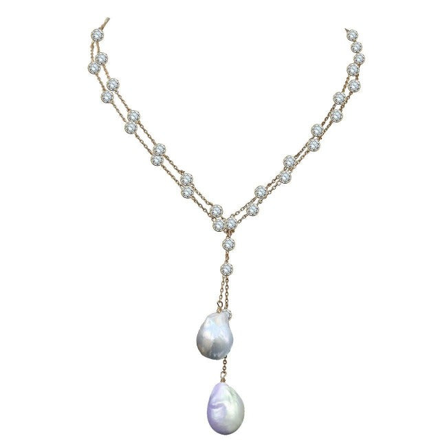 36" Zirconite Cubic Zirconia w/two genuine Baroque Pearls Tassel Necklace, BZBYX30P36