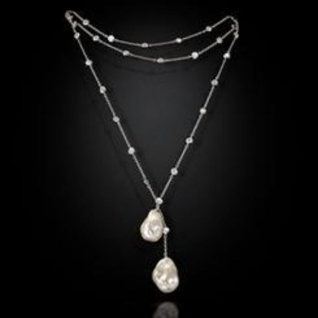 36" Zirconite Cubic Zirconia w/two genuine Baroque Pearls Tassel Necklace, BZBYX30P36