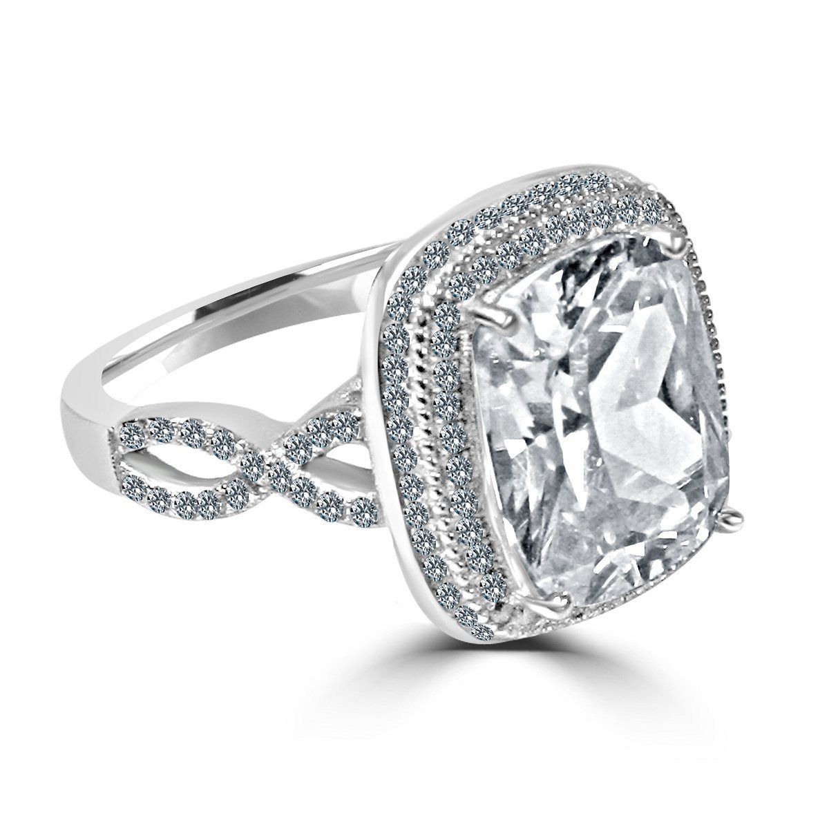 5CT Radiant Cushion w/Halo Diamond Veneer Cubic Zirconia Sterling Silver Ring. 635R0248