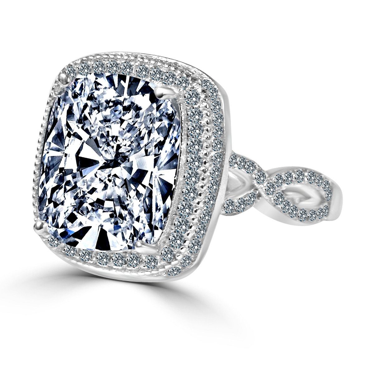 5CT Radiant Cushion w/Halo Diamond Veneer Cubic Zirconia Sterling Silver Ring. 635R0248