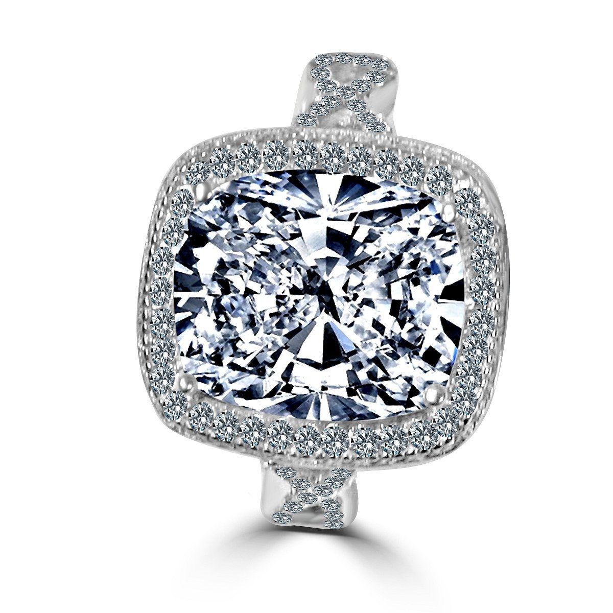 5CT Radiant Cushion w/Halo Diamond Veneer Cubic Zirconia Sterling Silver Ring. 635R0248