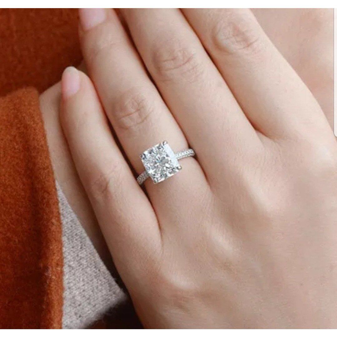5CT Cushion Square Diamond Veneer Cubic Zirconia Sterling Silver Ring.