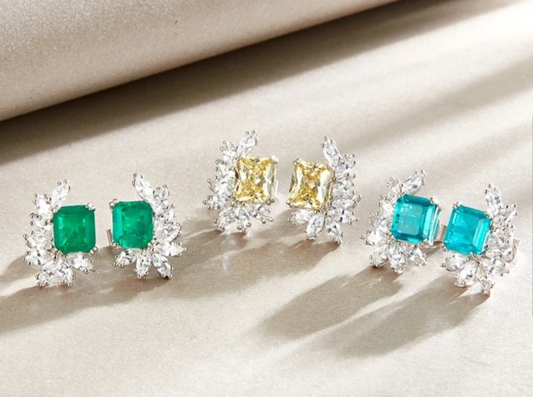 6 CT TW square cubic zirconia cluster post earrings in sterling silver, canary yellow stone, 800E204