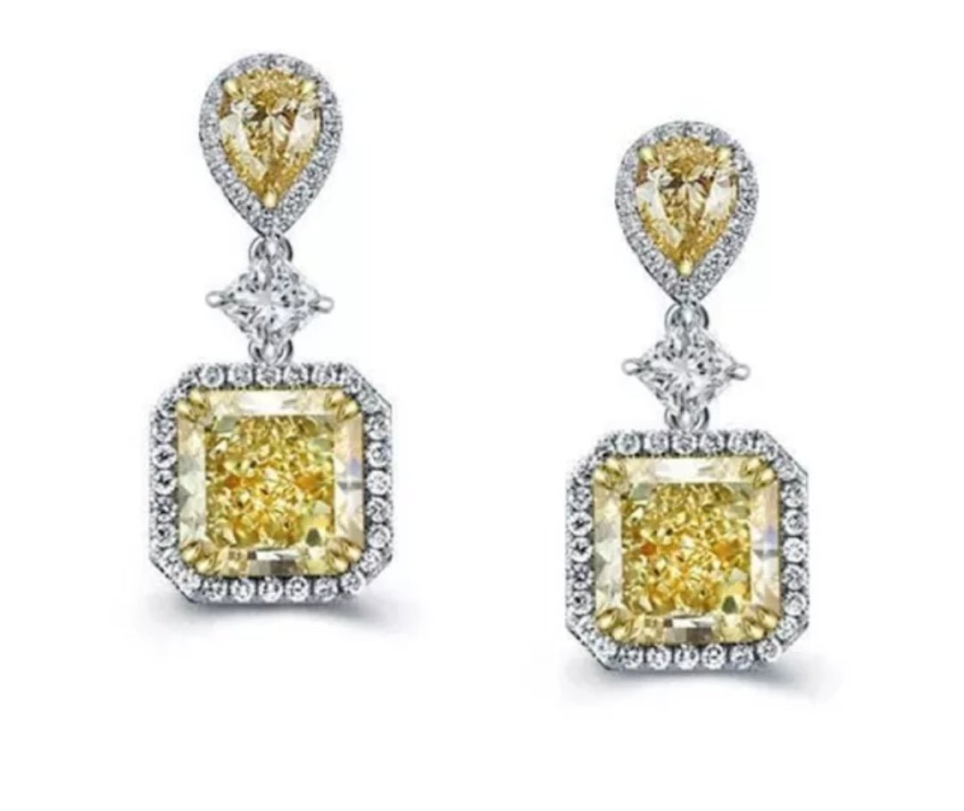 Radiant square Diamond Veneer Cubic Zirconia Drop canary Earrings. 830E164
