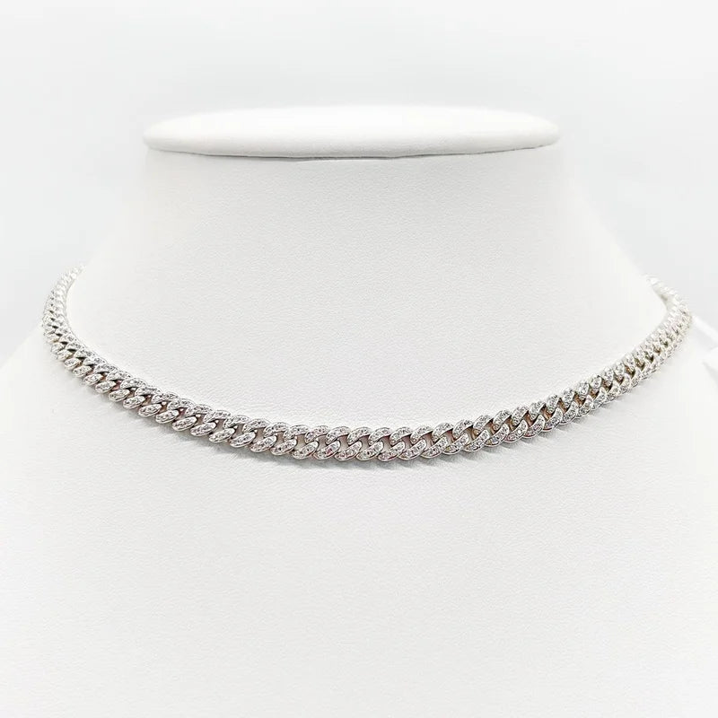 Zirconite Cubic Zirconia pave 6mm Curved Link Rhodium Necklace. 818N