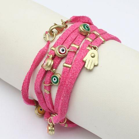 Evil eye station suede leather wrap bracelet by Zirconite, pink color, 652B0550